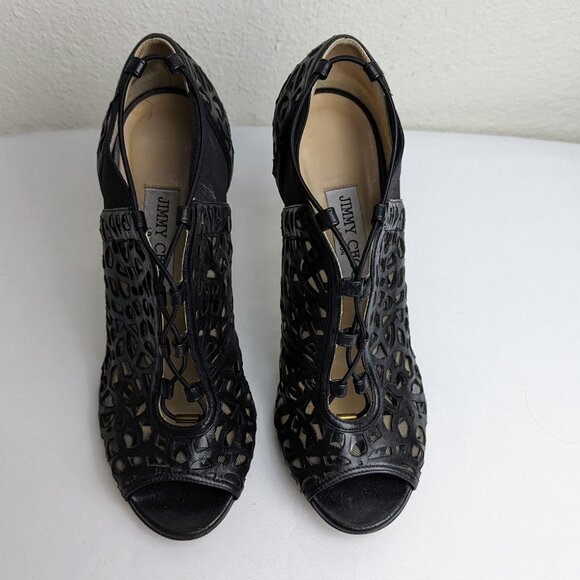 JIMMY CHOO Nappa/Shiny Fab Black Laser Cut Peep Toe Bootie - Size: 9 | IT 39 - Picture 4 of 7